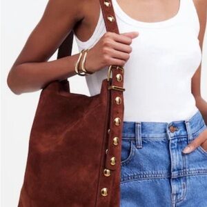 Madewell Suede Studded Bucket Bag in Chestnut Brown